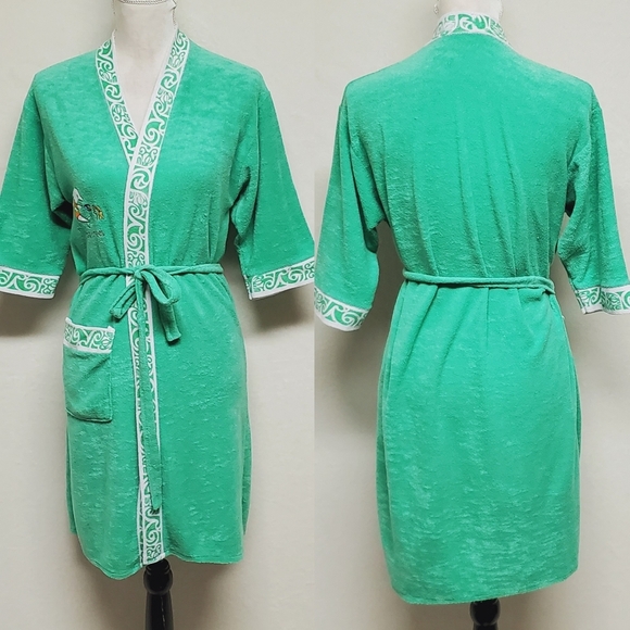 Rare Vintage 60s Dolphins Sky Blue Terrycloth Hawaiian Tie-Waist Mini Robe L - Picture 14 of 14